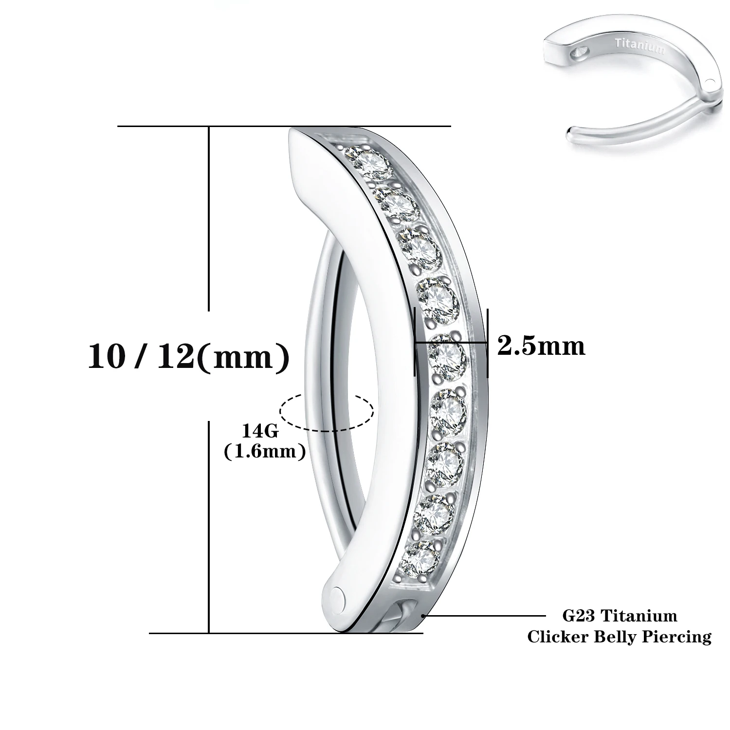 14G G23 Titanium Clicker Belly Button Ring, 10/12mm Reverse Curved Hoop Navel Barbell Body Piercing Jewelry