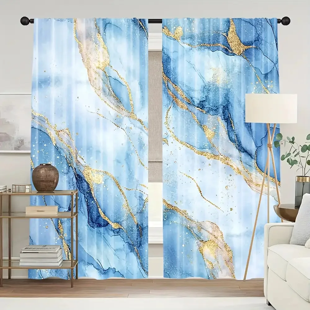 2pc Gold and blue marble pattern curtains, polyester fabric, machine washable, suitable for bedroom living room decoration