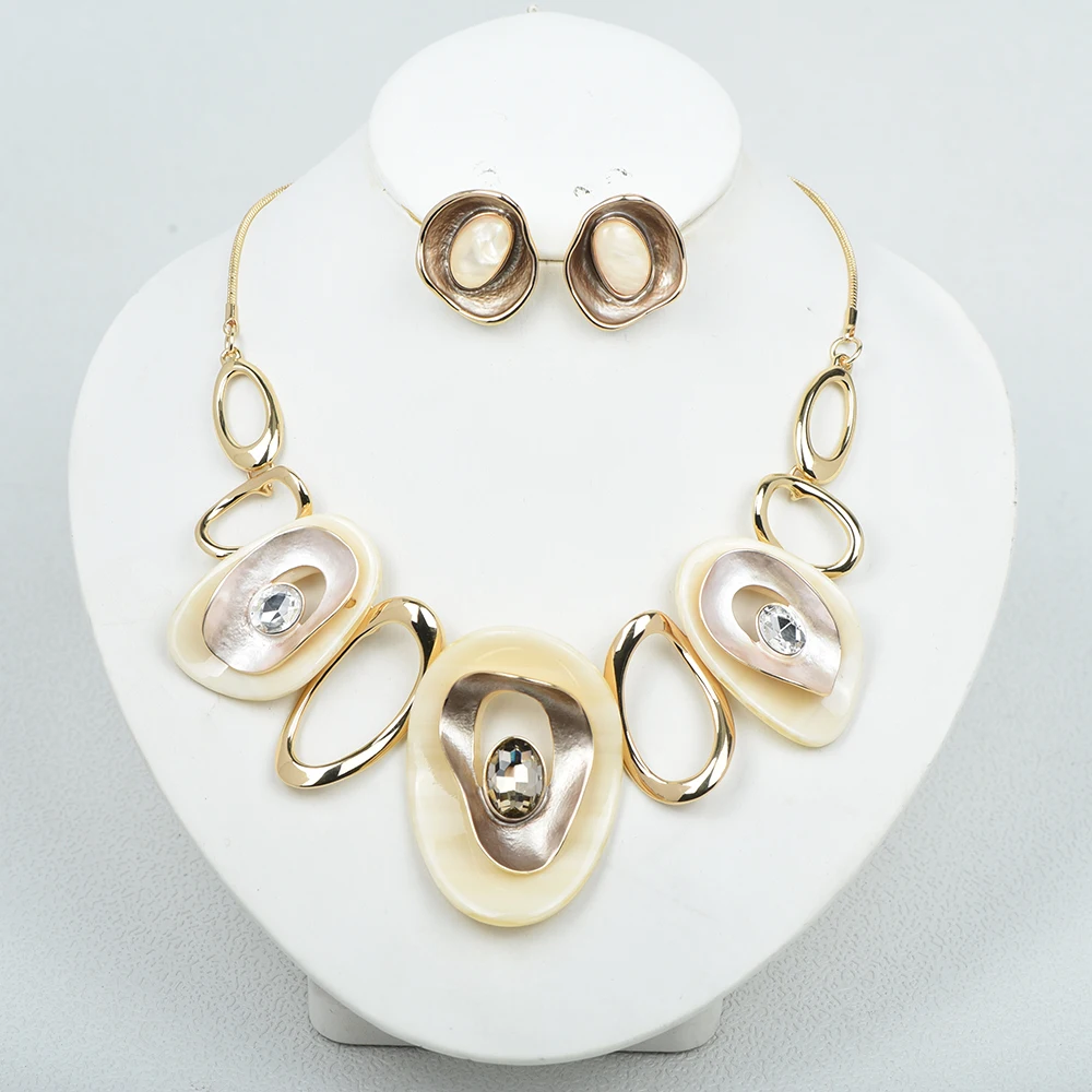 

ICEYY Luxury Big Oval Resin Choker Necklace Earrings Set For Women Alloy Geometric Statement Necklaces Fashion Jewelry