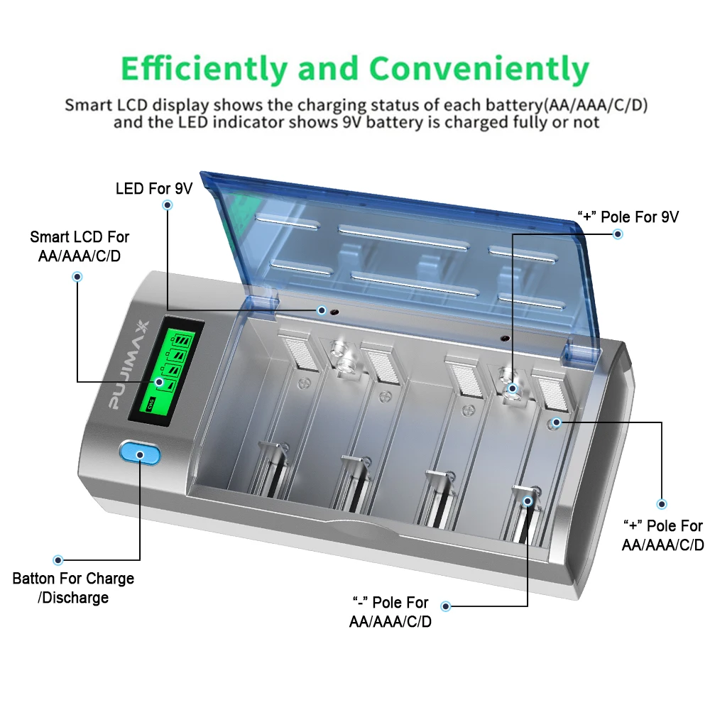 PUJIMAX AA/AAA/C/D Ni-MH/Ni-Cd Rechargeable Battery or 2pcs 9V Battery Intelligent Charger LCD Screen Display Charging Process