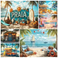 Fondos de palmeras de verano para playa, pastel de cumpleaños para niños y bebés, accesorios para niños y adultos, fotografía, castillo de surf, puesta de sol
