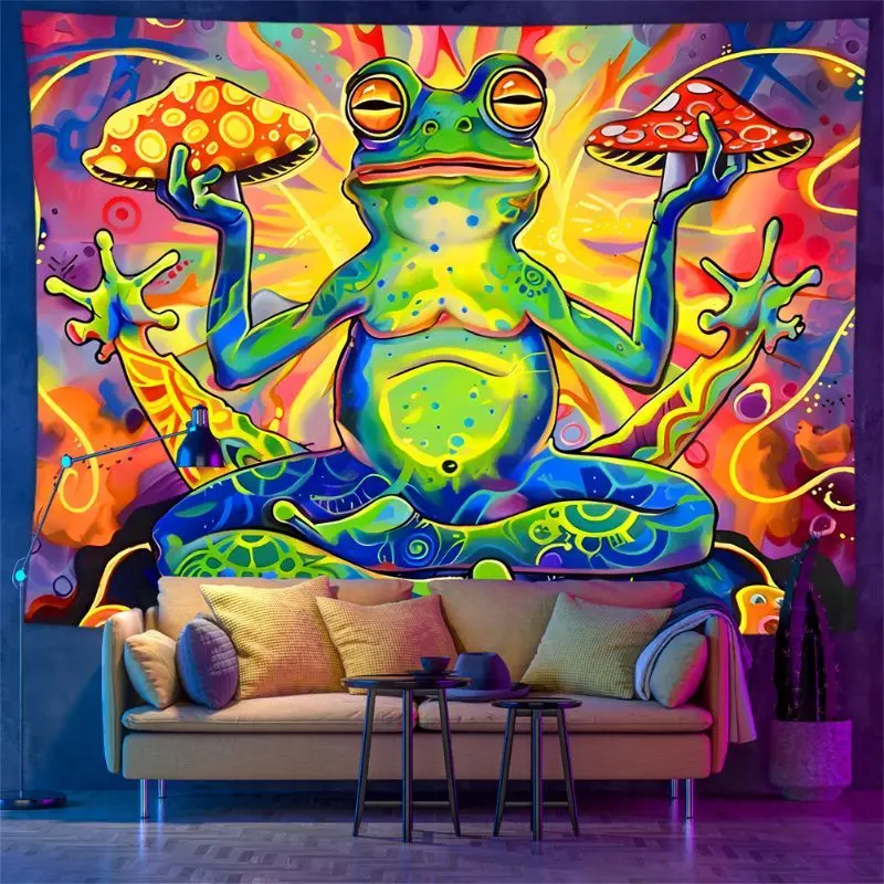 VIKAMA Blacklight Trippy Frog Mushroom Wall Tapestry Psychedelic Neon Home Decor Boho Style Soft Durable Cozy Aesthetic Gift