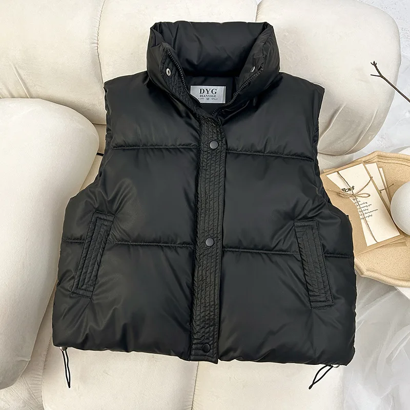Down Cotton Short PU Leather Vest Women's Autumn and Winter New Sleeveless Stand Up Collar Warm Vest Fashionable Casual Top