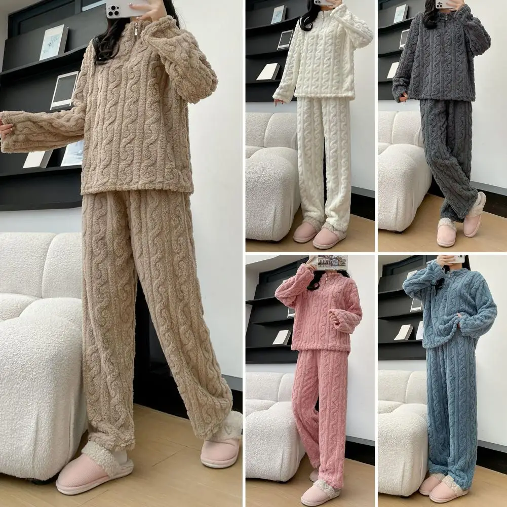 2 piece Set Thickened Warm Fashion Velvet Pajamas Autumn Winter Padded Ladies Casual Elastic Striped Comfortable Homewear