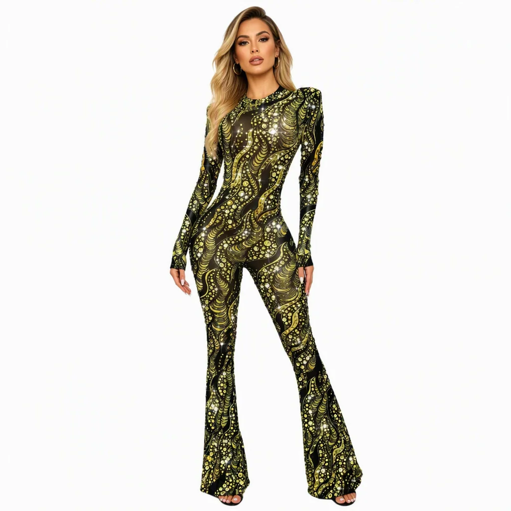 Vintage Long Sleeves Print Rhinestone Wide Leg Jumpsuit Birthday Party Celebration Rompers Women Club Playsuit Singer Stage Wear