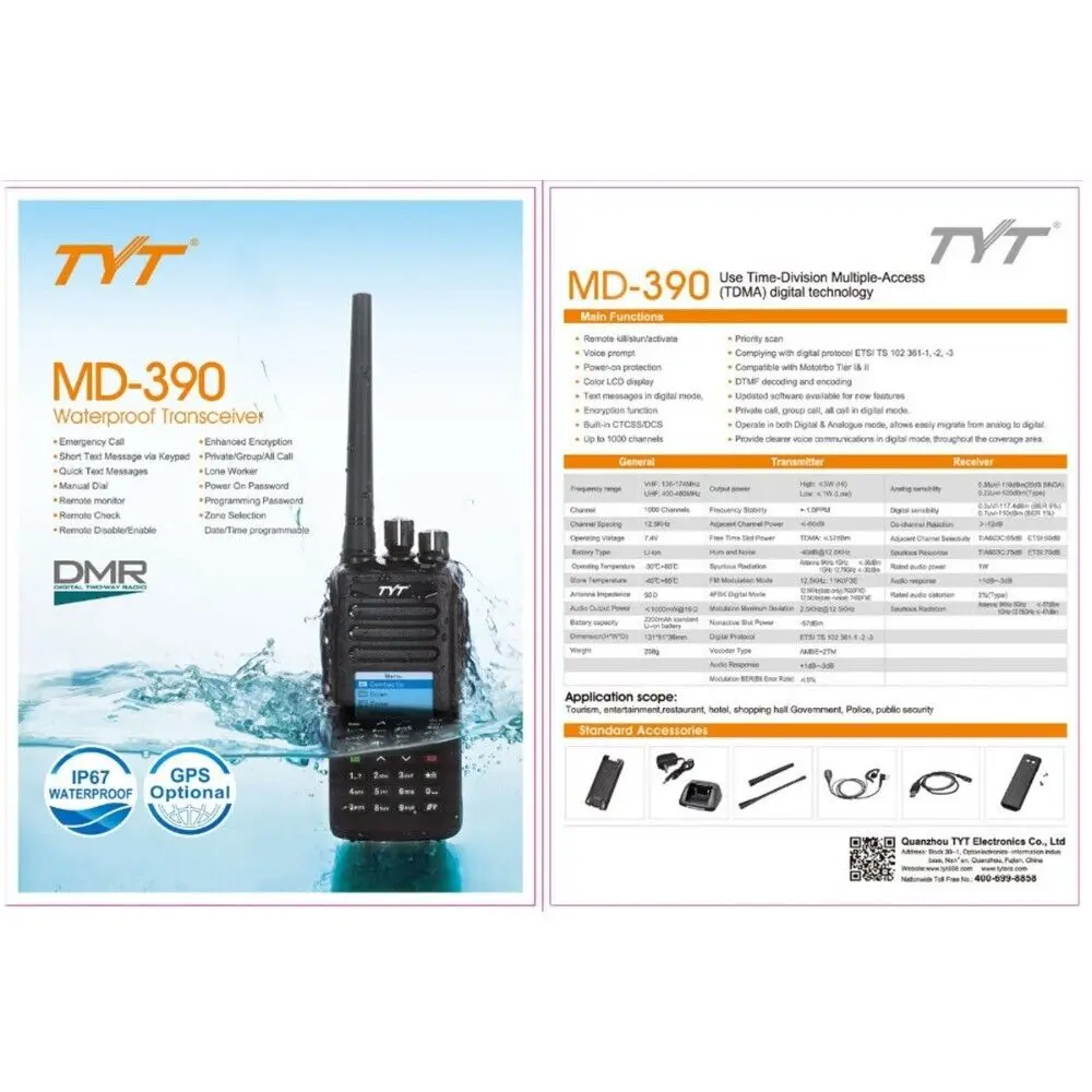 Originele TYT MD-390 UHF 400-480 MHz DMR Digitale Twee Manier Radio Walkie Talkie 1000CH 2800 mAh IP67 MD390