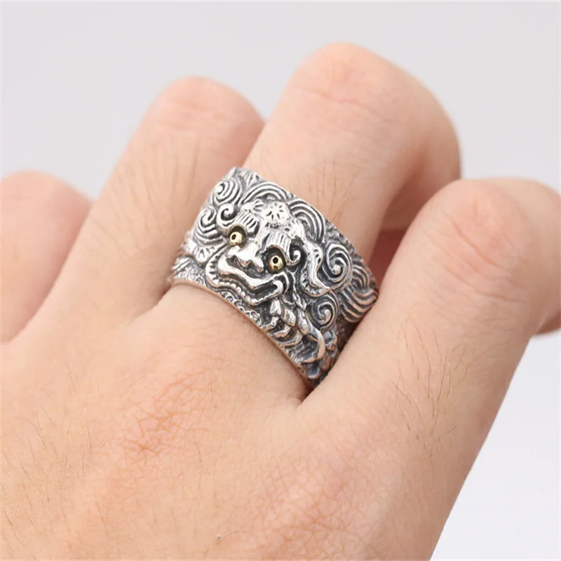 Vintage Relief Lines Animal Ring Men Jewelry Lucky Wealth Beast Pixiu Ring Male Index Finger Accessories Open Size