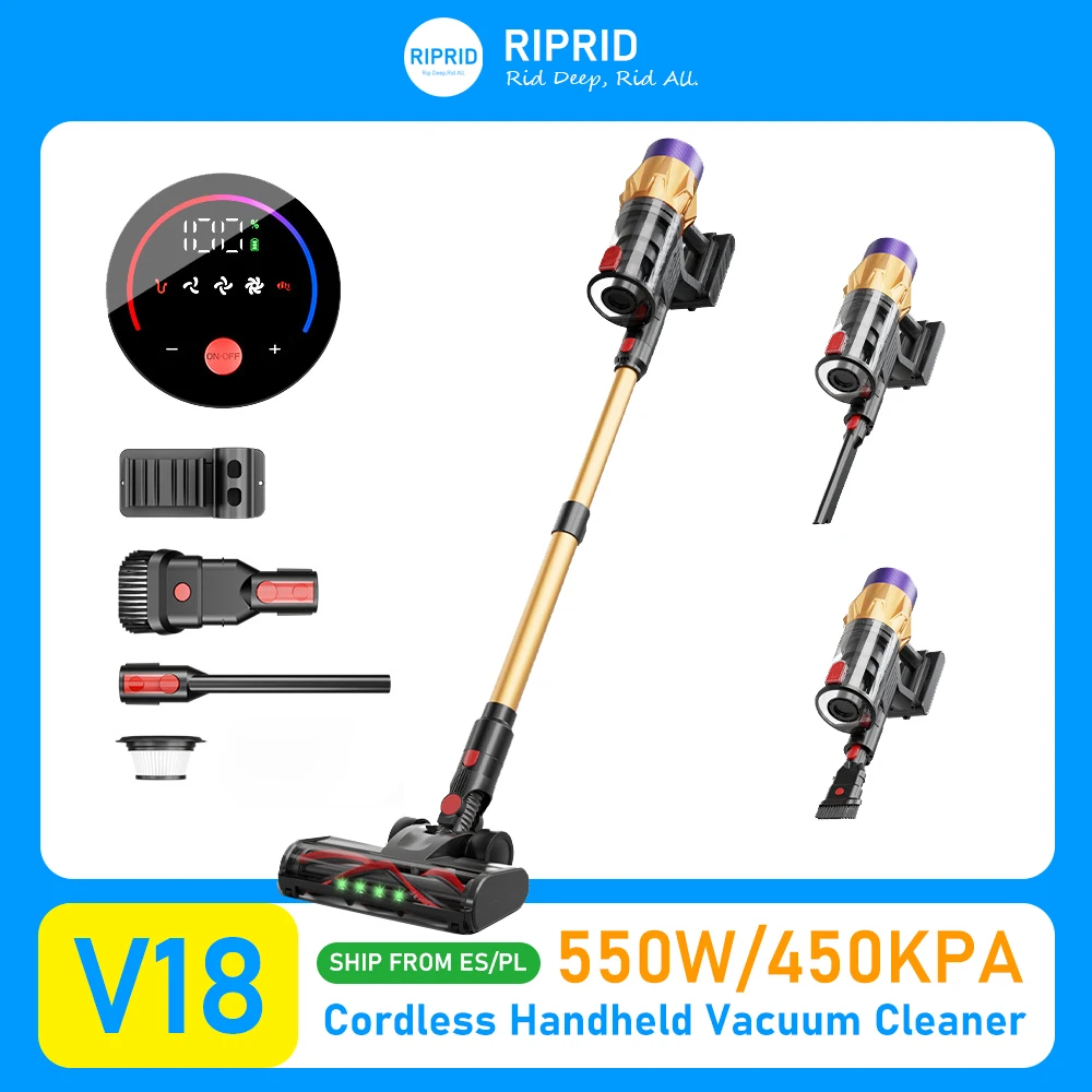 RIPRID V18 Aspirapolvere portatile senza fili 550W Ad alta potenza 45KPA Forte aspirazione 45000PA Kit di pulizia efficiente combinato multi-testa