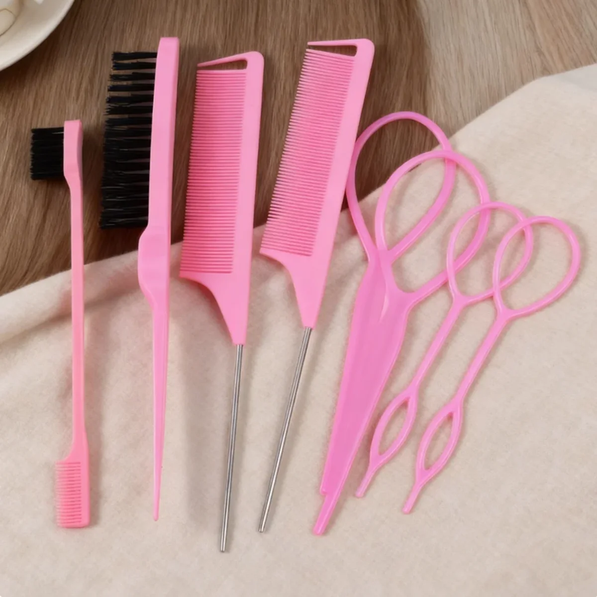 8Pcs Purple Hair Styling Tools Set Slick Back Brushes Rat Tail Combs Hair Loop for Braiding Tinting Edge Styling Hairdressing