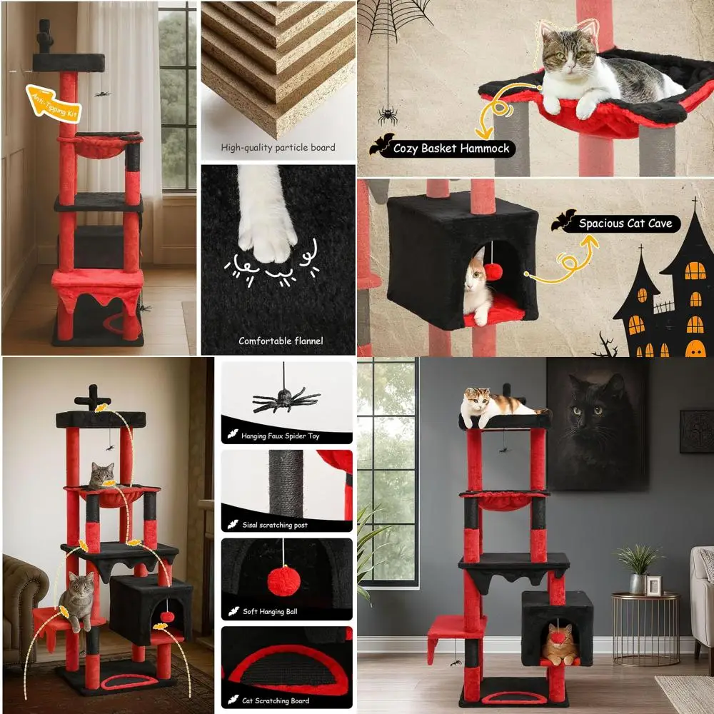 Halloween Cat Tree Tower with Furniture Set, 66 Tall, Red and Black, Includes Bed, Toys, Scratching Posts, and Hammock