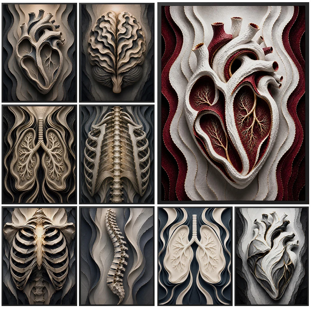 Medical Anatomy Canvas Wall Art,Heart Lung Spine Brain Skeleton Poster,Neutral 3D Texture Print for Medical Clinic Office Decor