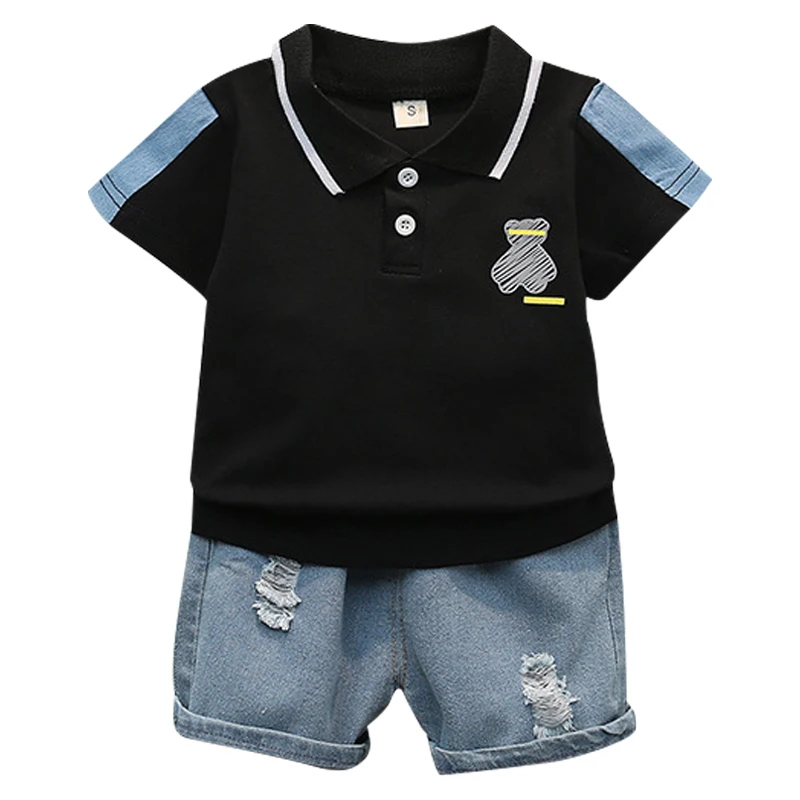 2024 Handel Sommer neue Cartoon gedruckt Rundhals-T-Shirt Casual Sports Jeans Kurzarm Set 1-5 Jahre alt Baby Kinder Set