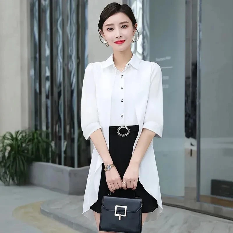 Summer New Loose Fake Two-piece Elegant Dress Ladies Chiffon Stripe Stitching Slim Slimming Casual Skirt Female Tide.