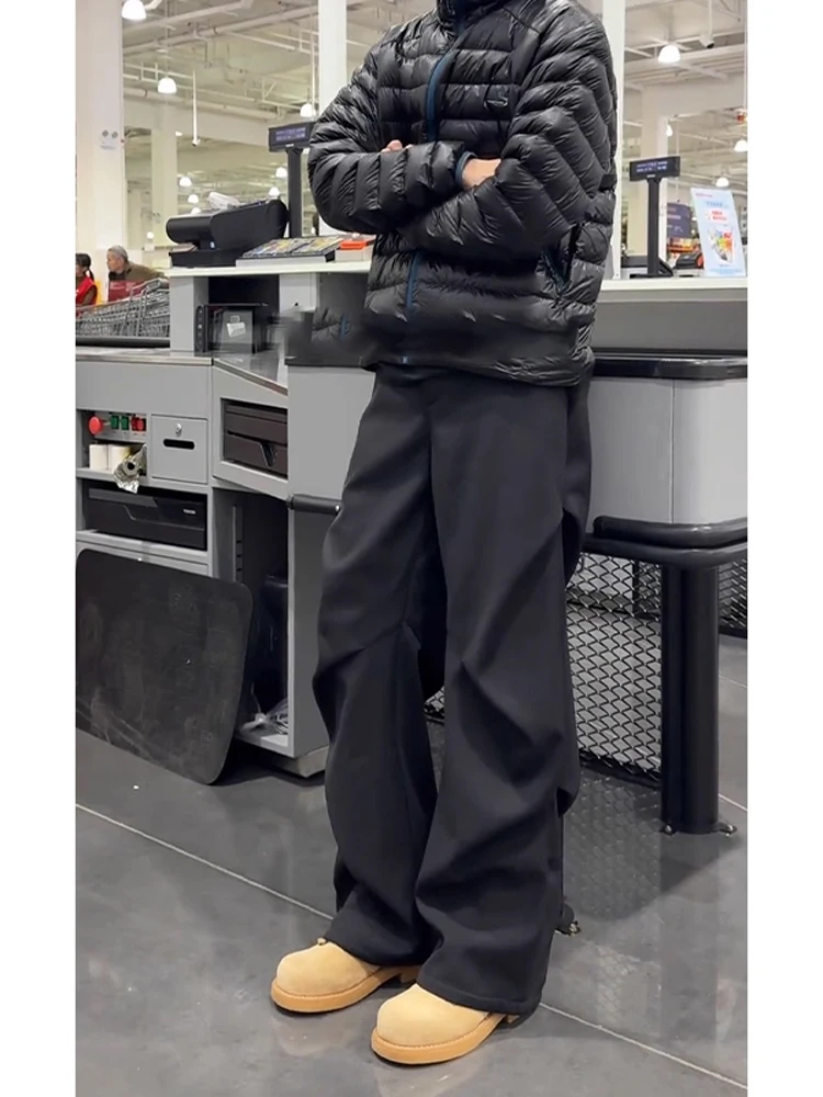 

Мужские брюки на подкладке American Sle, осень-зима, повседневные прямые брюки, плиссированные брюки со средней высокой талией и эластичной резинкой на талии