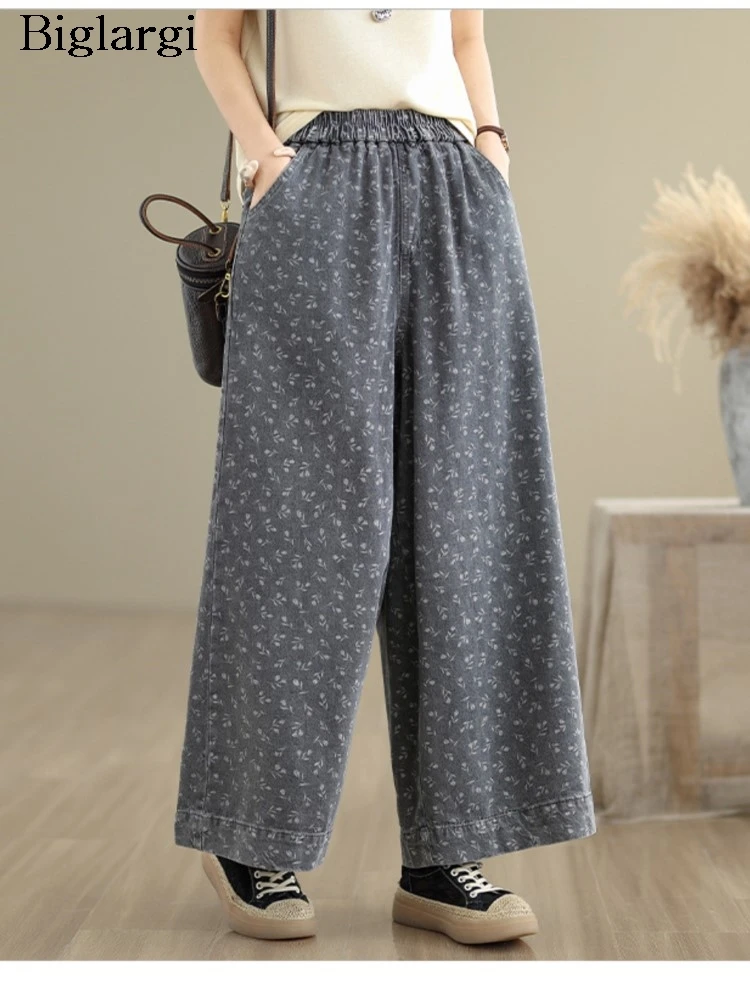 

Осенние джинсы с цветочным принтом, широкие брюки, женские свободные эластичные брюки с высокой талией, женские брюки, женские джинсовые брюки большого размера