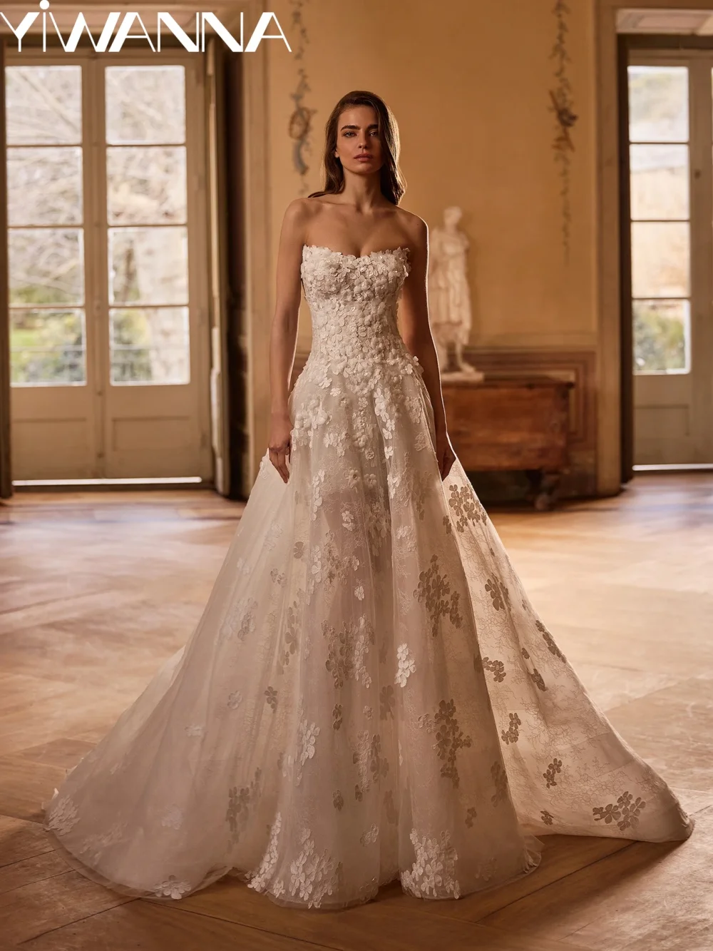 

2 in 1 Dreamy 3D Floral Wedding Dress Classic Lace Strapless Bridal Gown New Customized A-line Floor-length Dresses For Bride