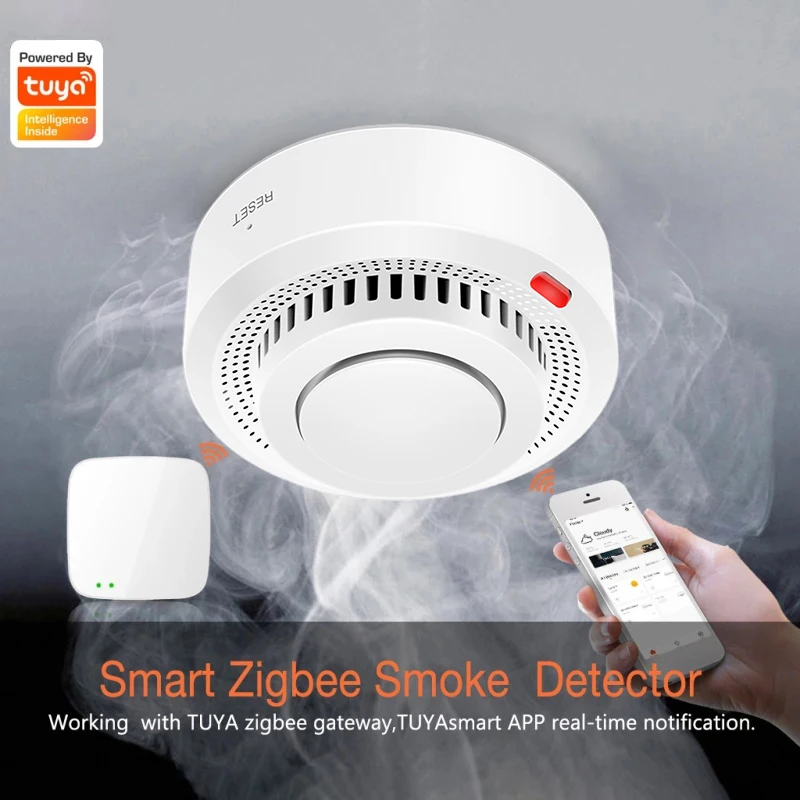 Tuya-Zigbee Smoke Detector para Casa, Cozinha Segurança, Safety Prevention Sensor, Sound Alarm, Trabalhar com Zigbee Hub, Smart Life App