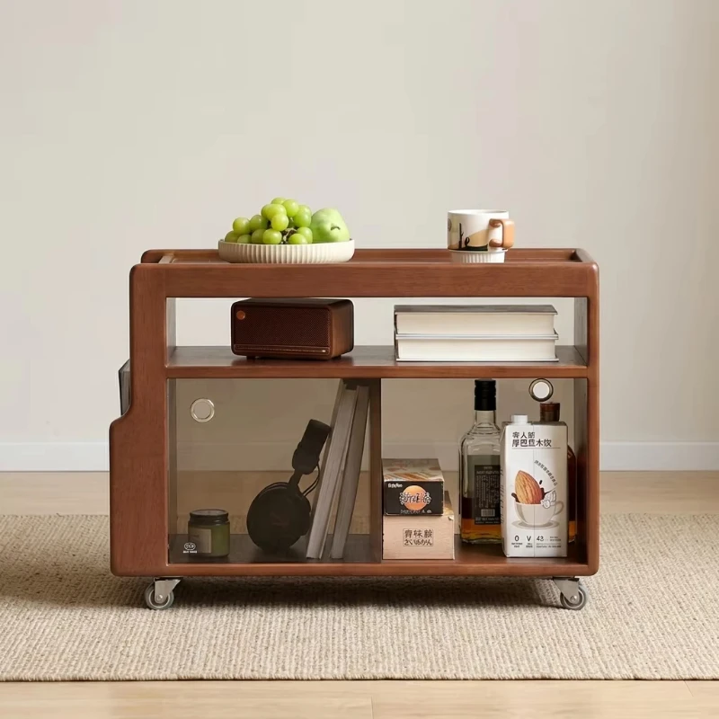 Modern style solid wood sideboard with wheels, mobile locker with glass door