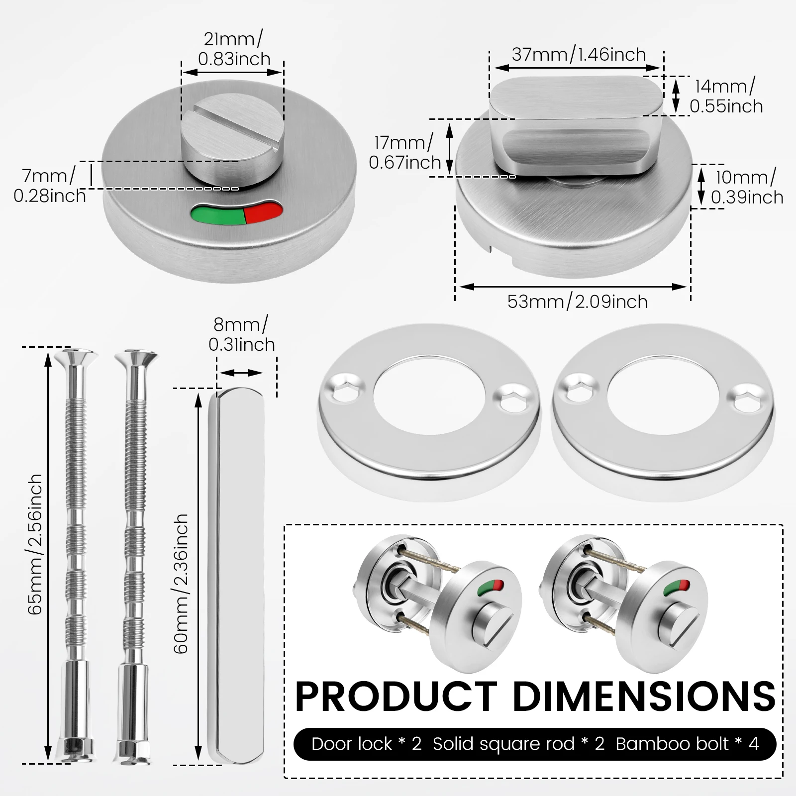 304 Stainless Steel Bathroom Door Lock Set With Red Green Vacant Engaged Indicator Thumbturn Privacy Bolt Lock For Toilet Door