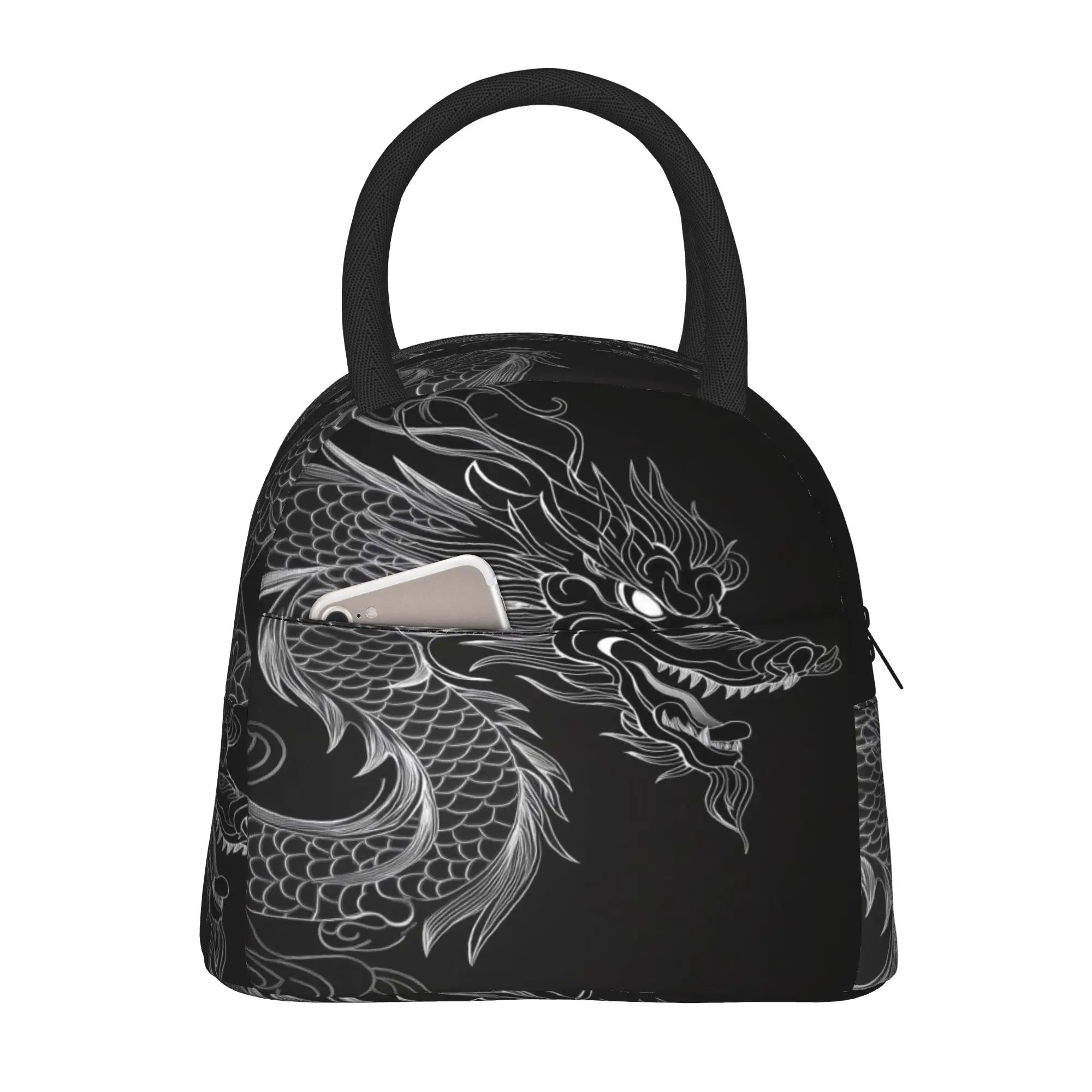 Back to school season  Lunch Bag Black Chinese Dragon Silhouette Art Washable Casual Daily Leakproof Lunch Bag