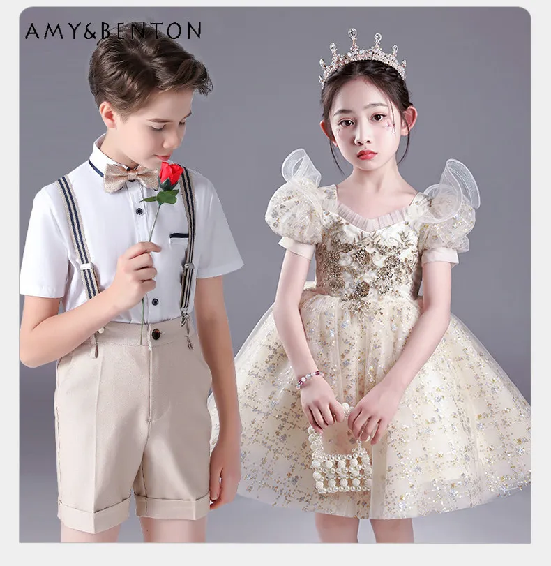 

Girls High End Heavy Sequin Tulle Dress Boys Formal Blouse Shorts Set Elementary Kids Children's Day Performance Party Outfit