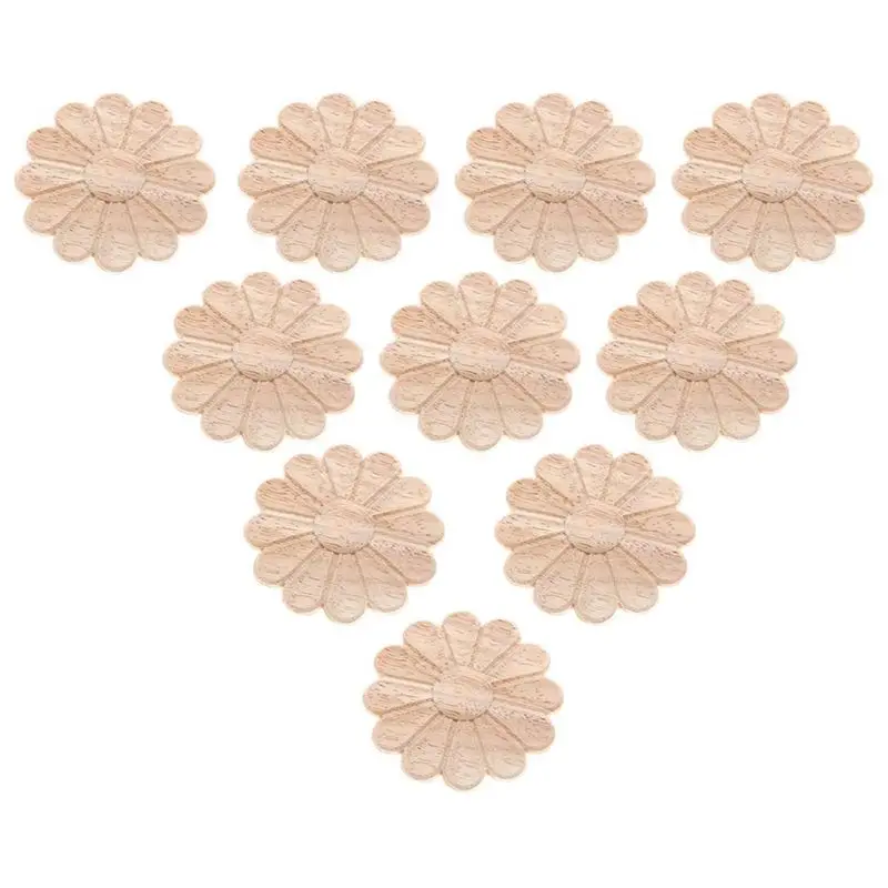 AT05-40Pcs Unpainted Round Flower Pattern Wood Carved Applique Frame Onlay Cabinet Furniture Decoration 6Cm