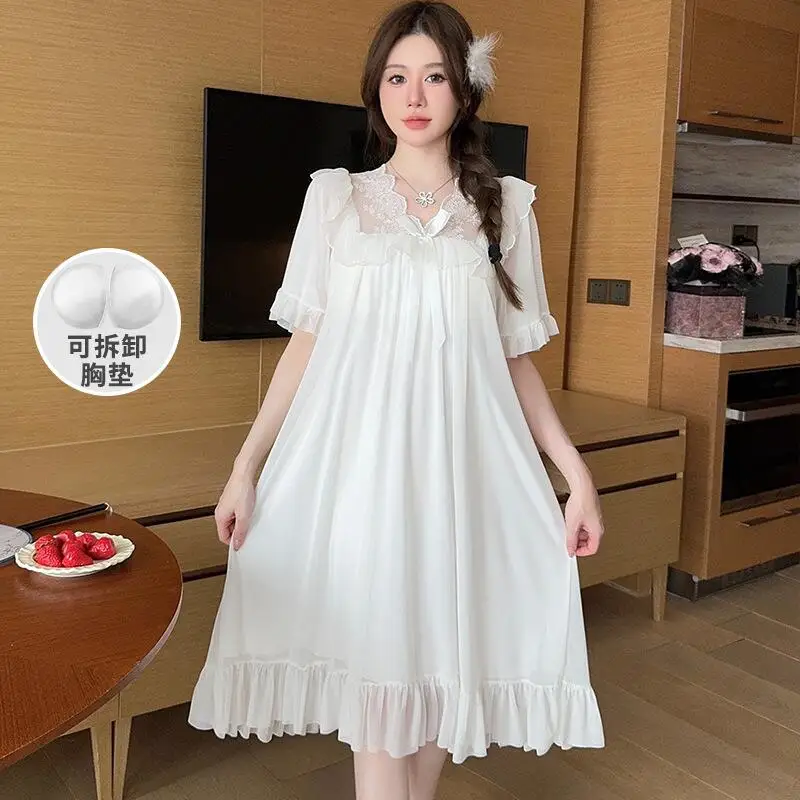 

Милая и модная кружевная ночная сорочка с коротким рукавом для женщин на лето: удобная, мягкая, дышащая домашняя одежда для сна