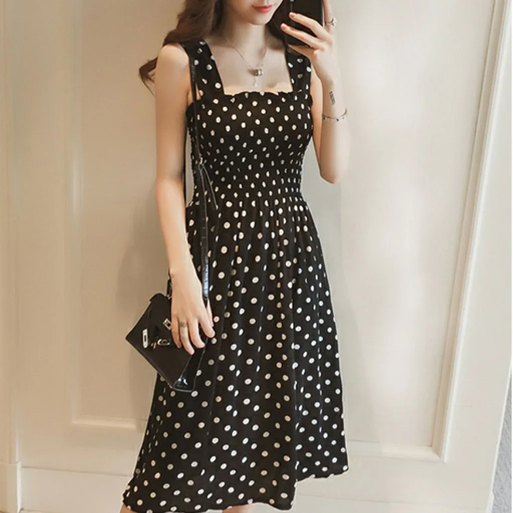 Polka Dot Print Dress Women Elegant Loose Sleeveless Shoulder Plus Size Maxi Dress Summer Casual Party Dresses Robe Femme