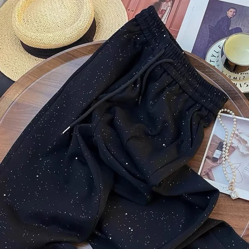 Fashionable Shiny and Shiny Star-filled Wide-leg Pants for Women New High-waisted Straight-leg Casual Sports Trousers