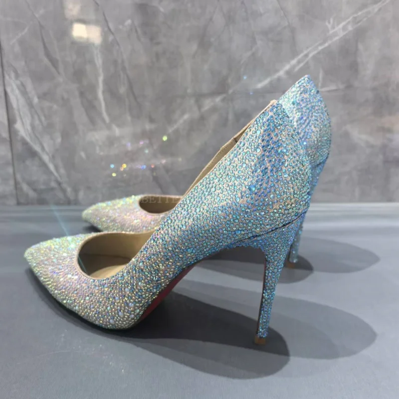 Mermaid Color Full Rhinestone High Heel Single Shoes Women Stiletto Heels Shallow Pumps Handmade Quality Shoes Lady Size 43