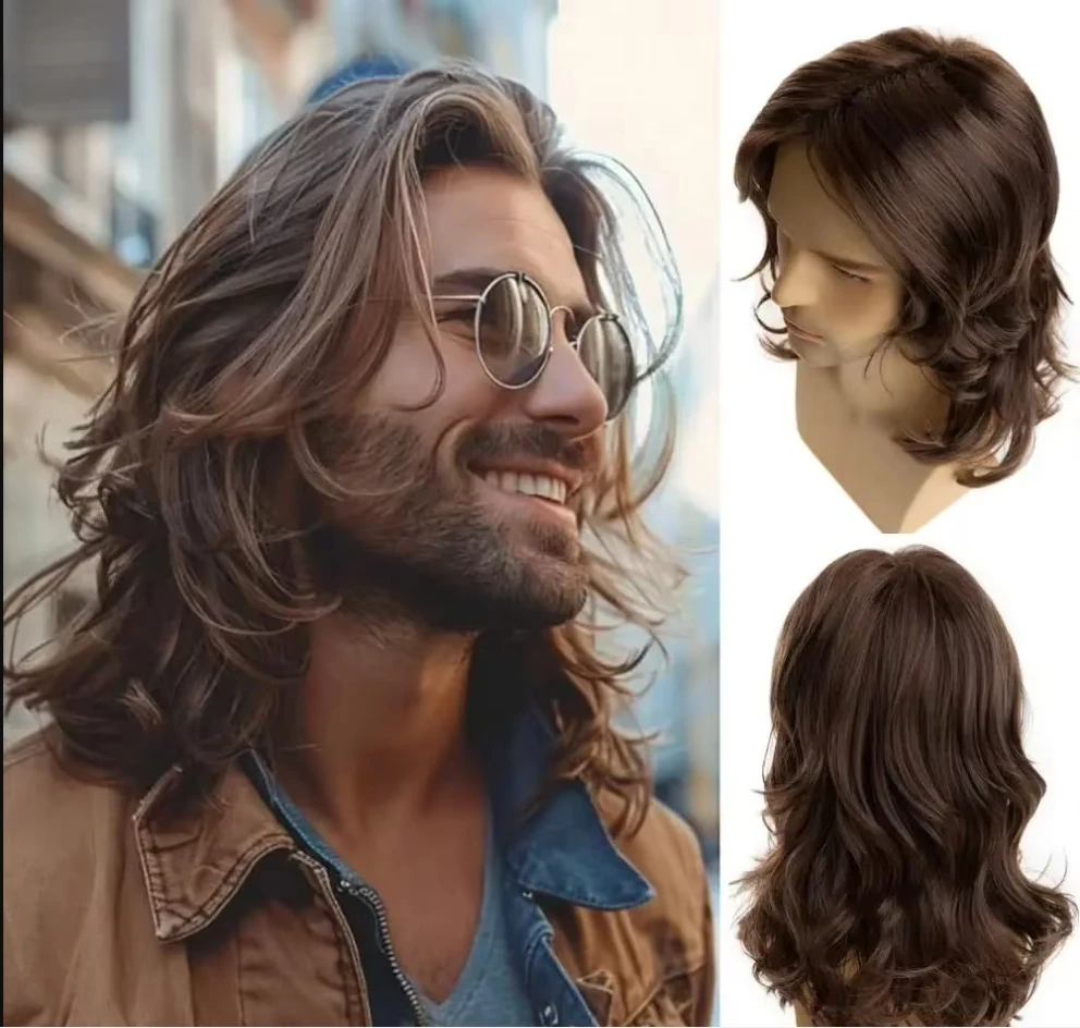 

Synthetic Wigs For Men Party Male Wavy Short Brown Hair Medium Length Natural Wave Curly Adjustable Size Men
