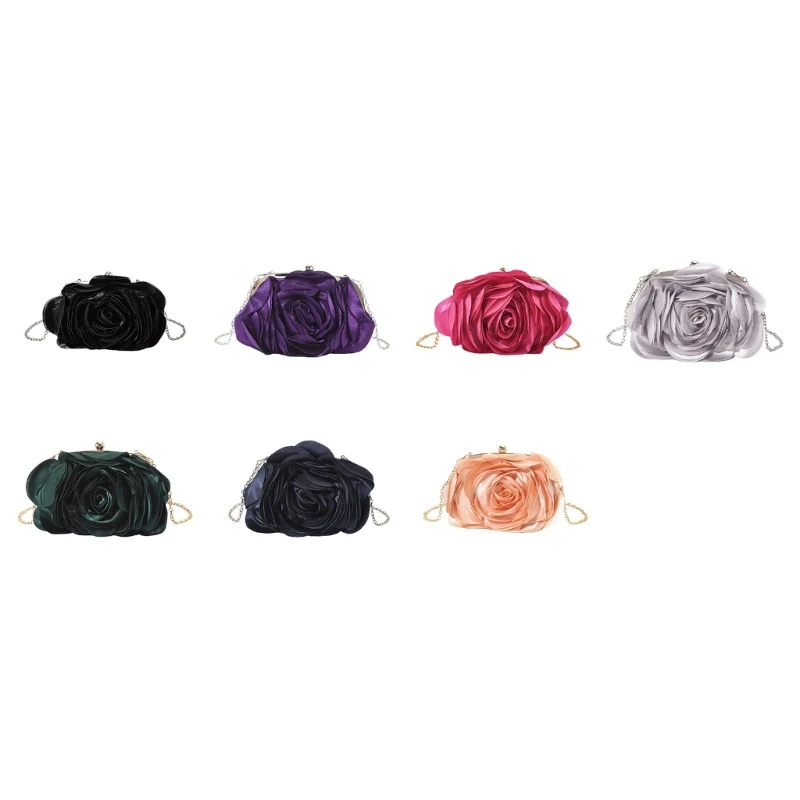 Women Elegant Rose Flower Satins Mini Evening Clutch Bag with Detachable Chain for Wedding Parties Event Handbag Purse