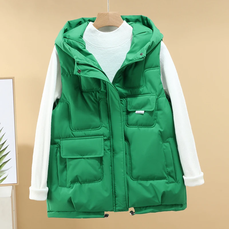 Hooded vest women fashion Korean vest student cotton sleeveless jacket waistcoat solid color winter ladies wear jacket