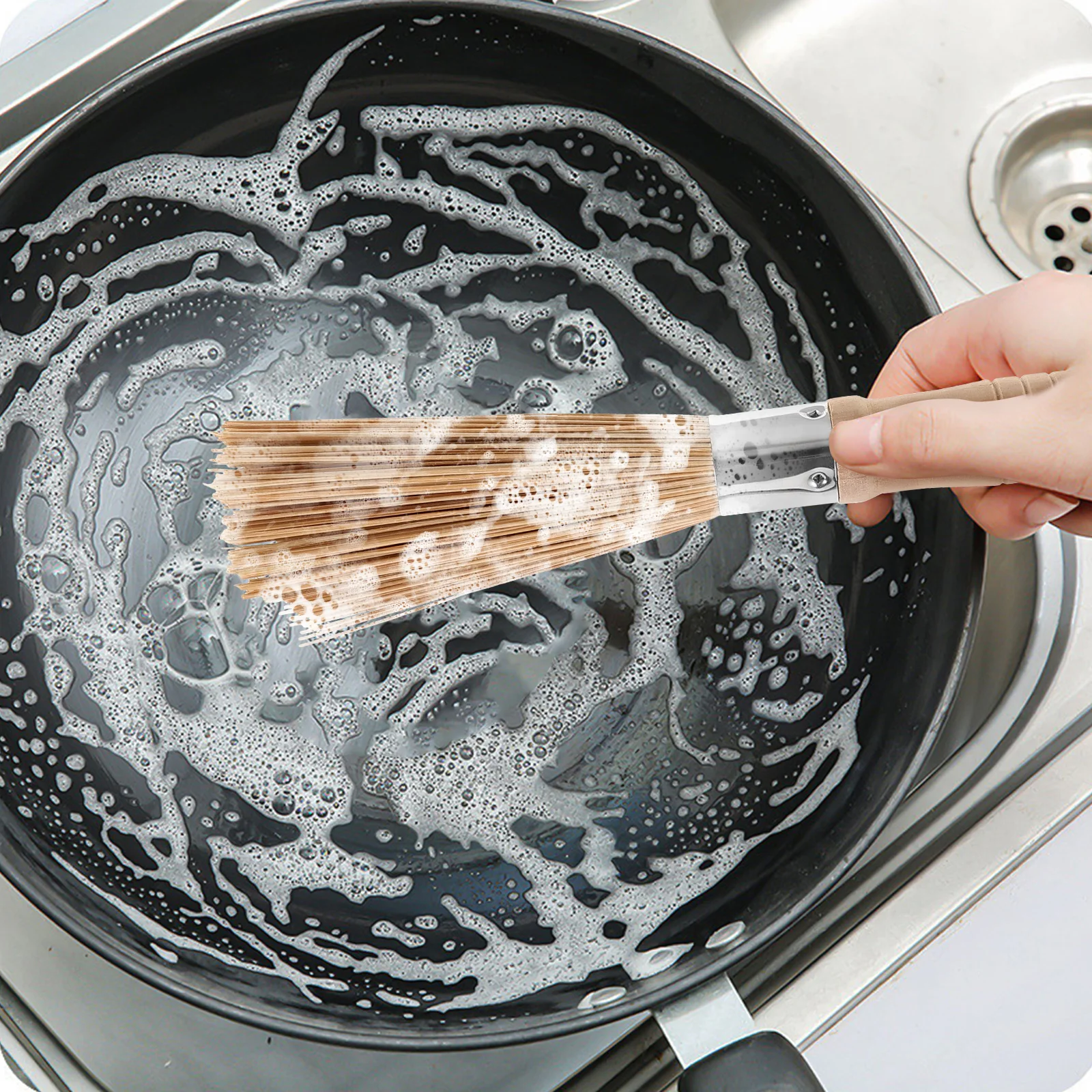 

2pcs Cleaning Brush Long Handle Pan Scrub Brush Dish Kitchen Tools Wood For Cast Steel