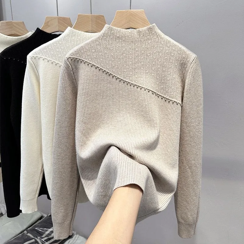 الخريف الشتاء الصوف سترة سميكة المرأة البلوز الدافئة المتكاملة الصوف شبه الياقة المدورة بلون محبوك قاع قميص