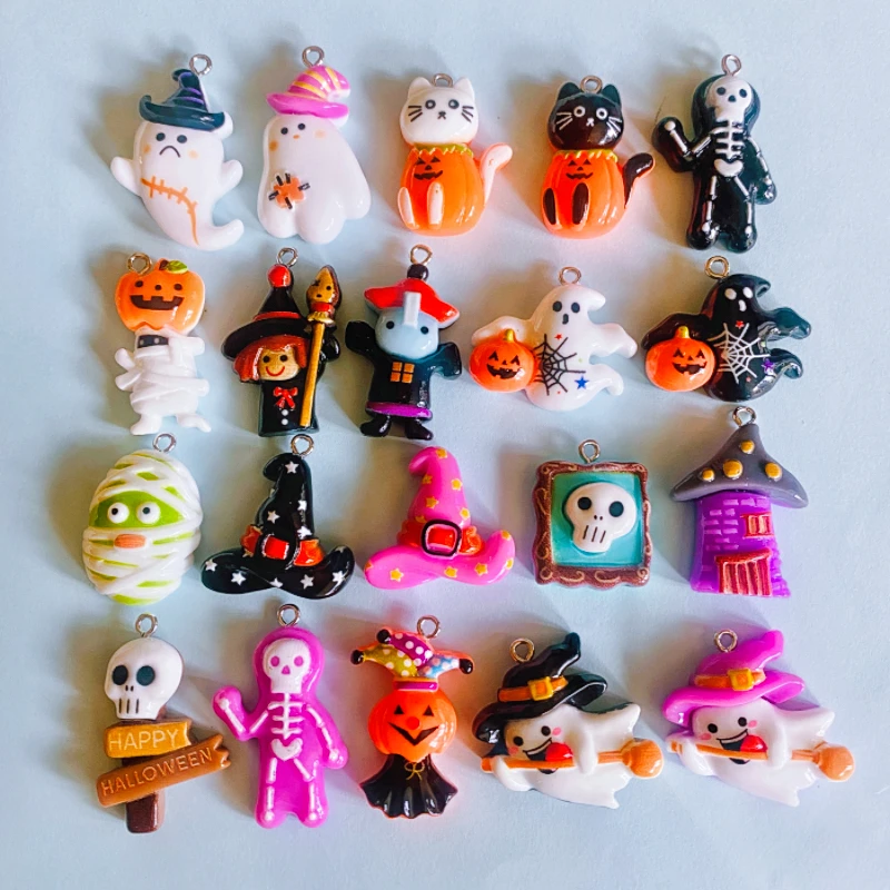 10pcs Kawaii Resin Halloween Charms Kawaii Pumpkin Ghost Skeleton Cat...