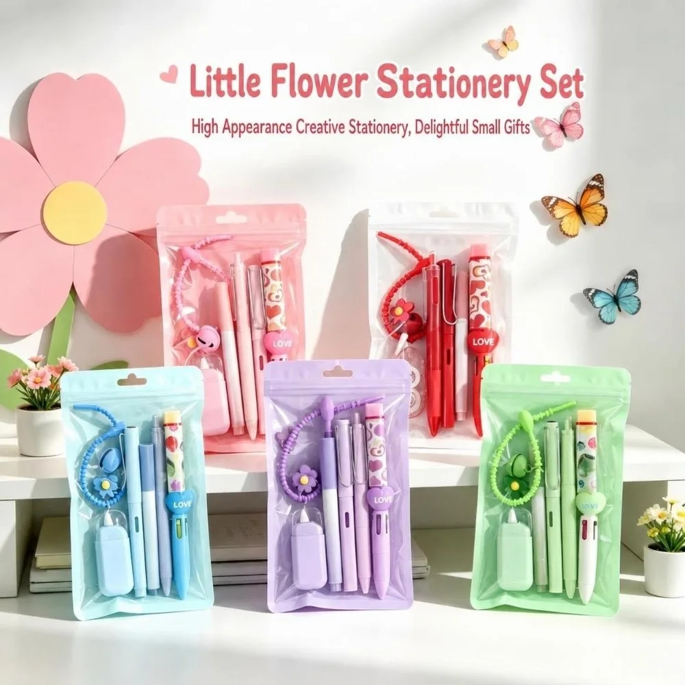 Durable 7-in-1 Flower Stationery Set with Keychain Multi Color Pen Gift Set Party Favor Stationery School Supplies