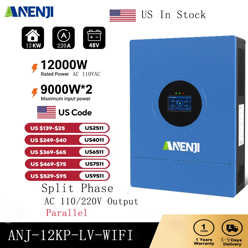 

12KW 48V Split Phase Hybrid Solar Inverter Parallel 120V/240Vac Pure Sine Wave MPPT Inverter 220A Solar Charger PV 500VDC WiFi