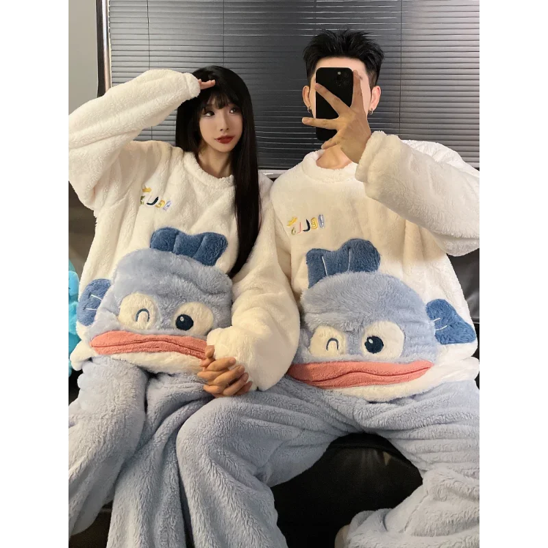 Cartoon Sanrio couple pajamas winter plush warm round neck loose jade cinnamon dog two-piece loungewear women\'s pajamas set