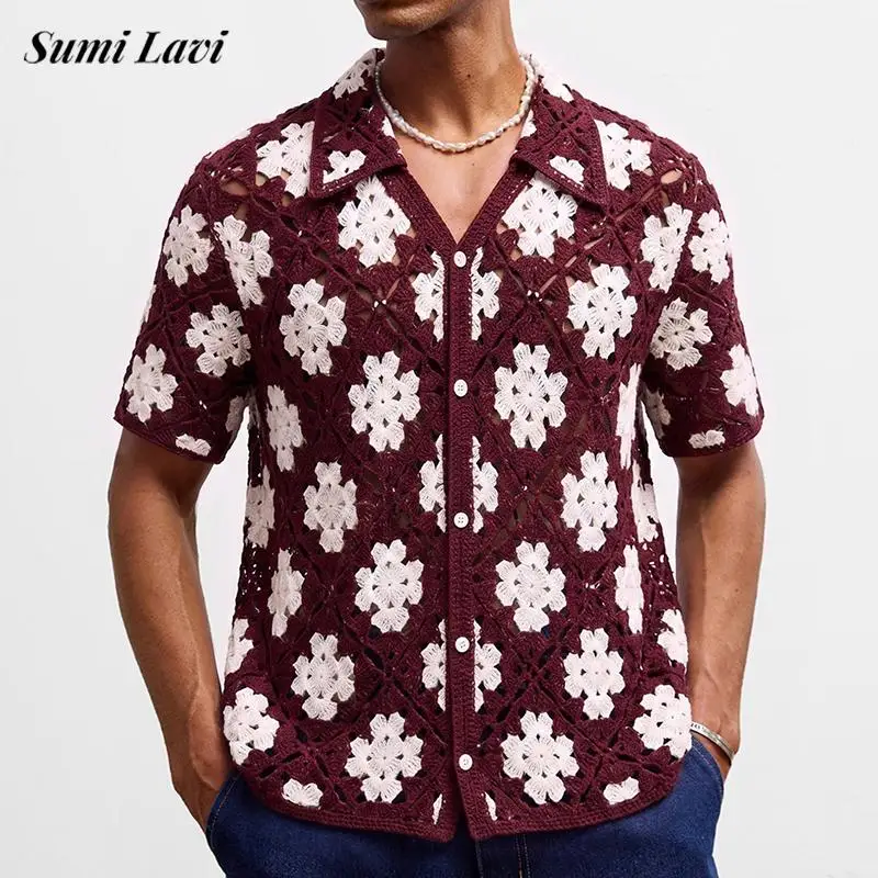 Vacation Leisure Mens Short Sleeve Knitted Shirts Summer Vintage Florals Embroidery Hollow Out Knit Shirt Tops Men Fashion Shirt