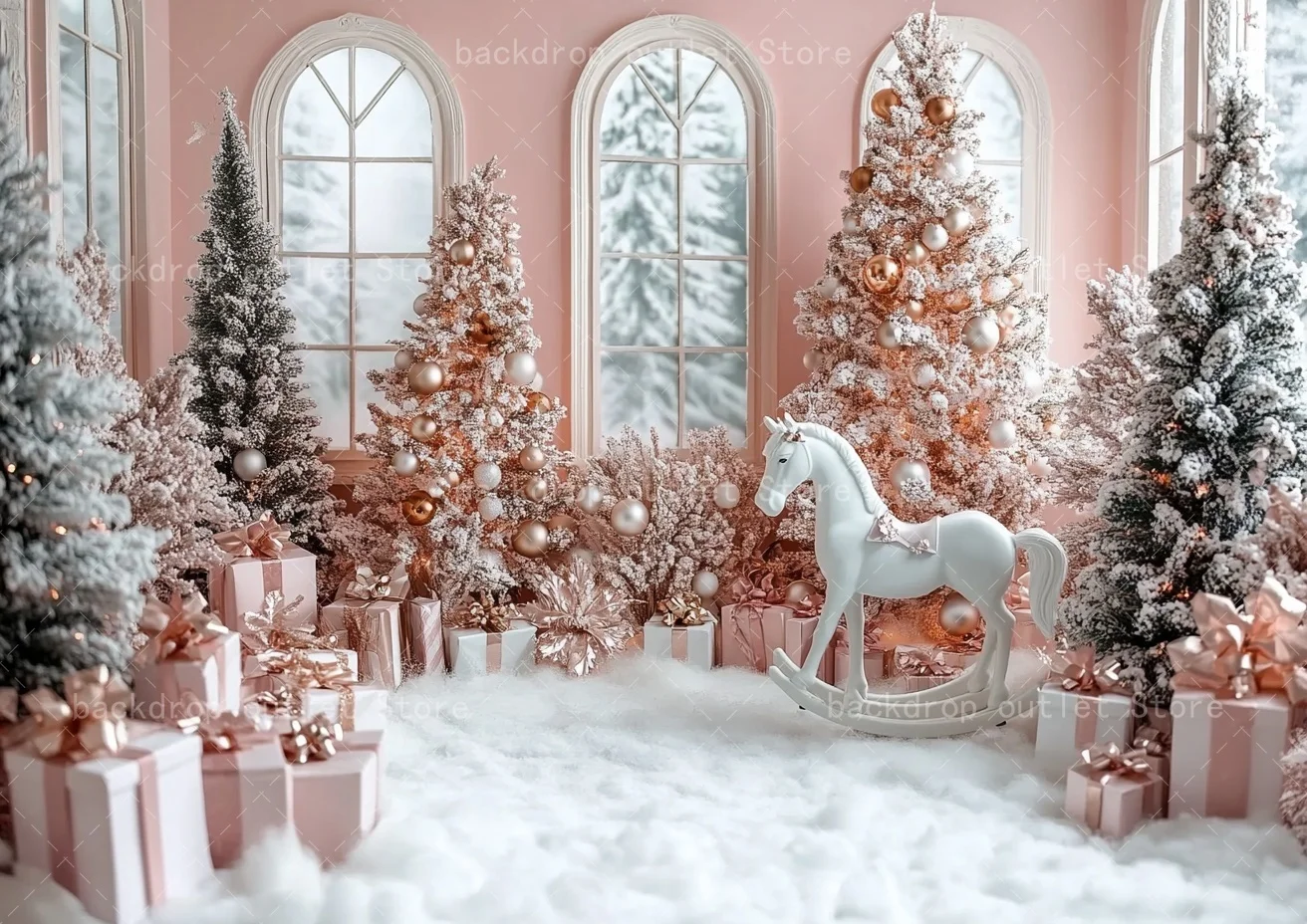 Mehofond rosa natal fotografia fundo retro arco interior janela presente árvore de natal crianças retrato pano de fundo decoração