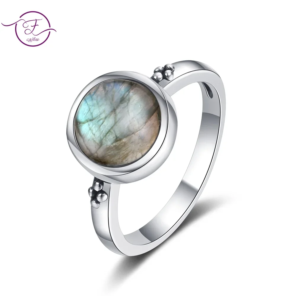 Round Natural Labradorite Ring S925 Sterling Silver Retro Elegant Tiger Eye Jewelry for Women Engagement Wedding Gift