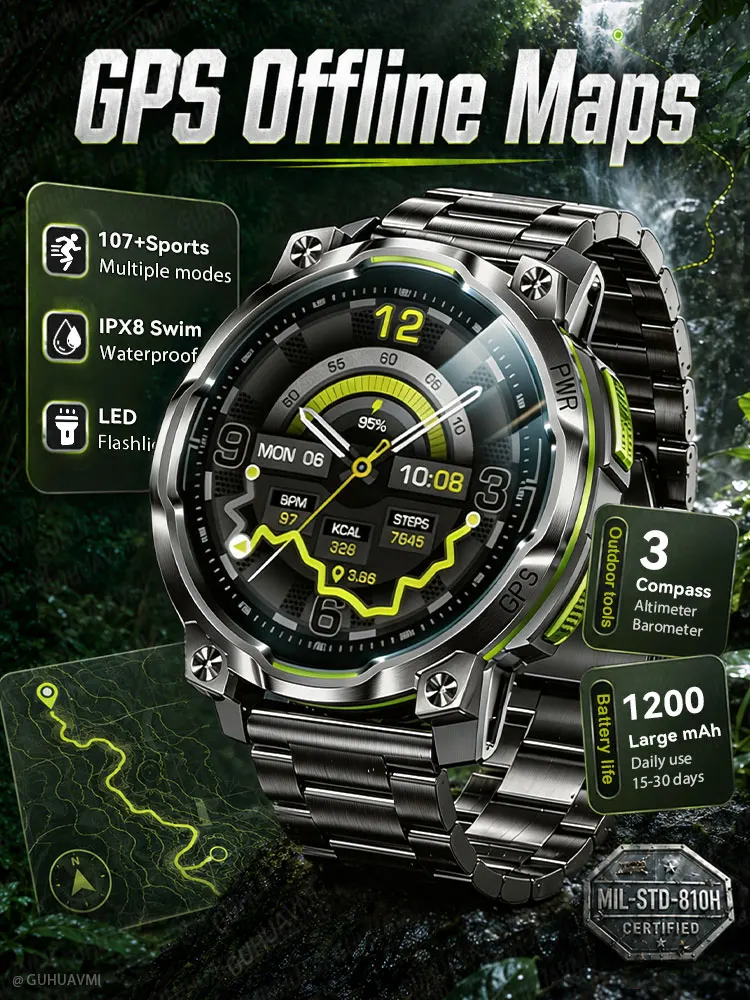 New Upgrade GPS Offline Map Position Smart Watch 1200mAh Battery IPX8 Swim Heart Rate 1.46”AMOLED Screen Men Women Fitness Watch