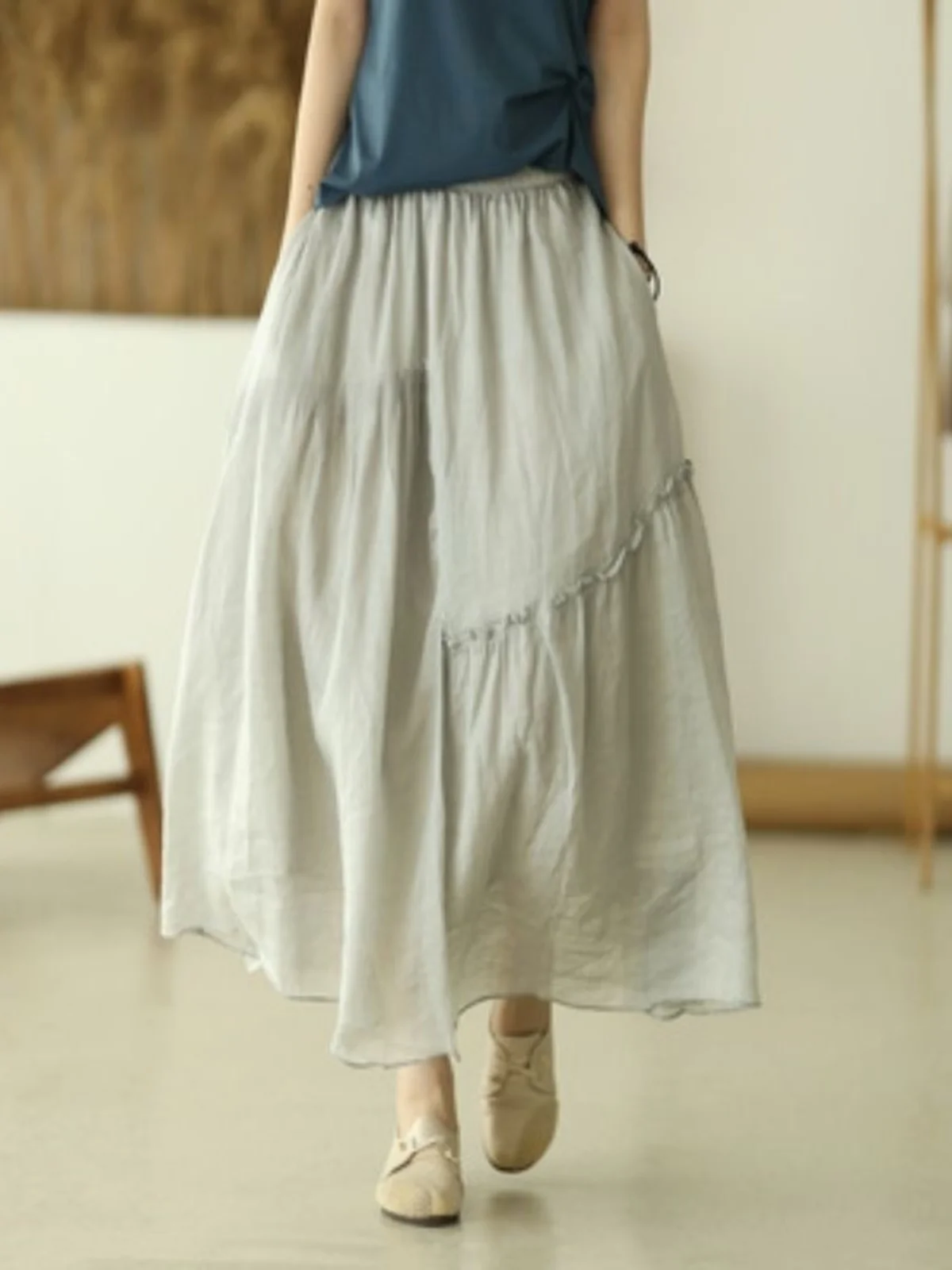Jupe féerique asymétrique Double couche en coton et lin pour femmes, couleur Pure, taille haute, ligne a, pour les déplacements artistiques, été