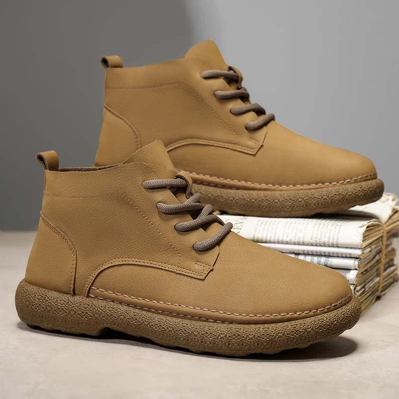 

British Style Leather Men's Casual Shoes High Quality Wide Toe Ankle Boots High Top Man Work Boots Comfortable Walking Sneakers