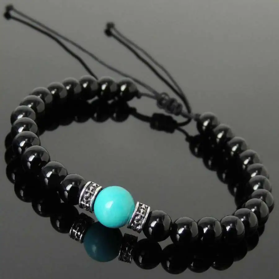 

Genuine Black Onyx Round Bead Bracelet Turquoise Accent Adjustable Wristband Ethnic Jewelry