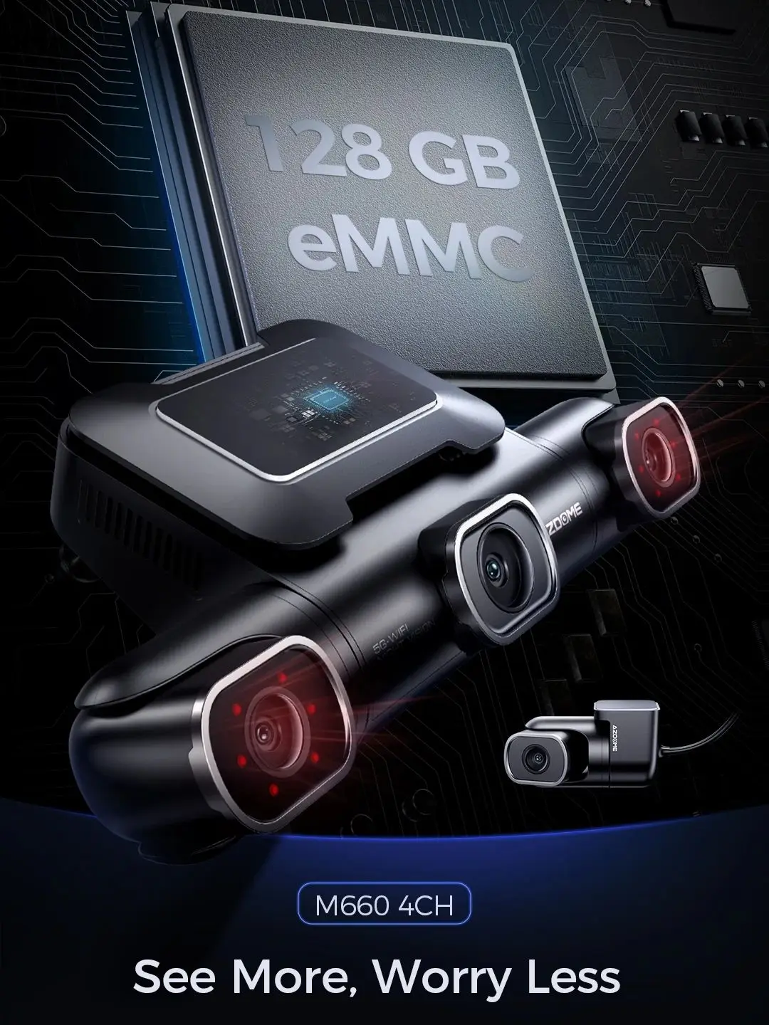 AZDOME Dashcam M660 2K+3*1080P Ingebouwde GPS 5G WiFi Auto DVR Spraakbesturing IR Nachtzicht 24H Parkeerbewaking 128GB eMMC - afbeelding 2