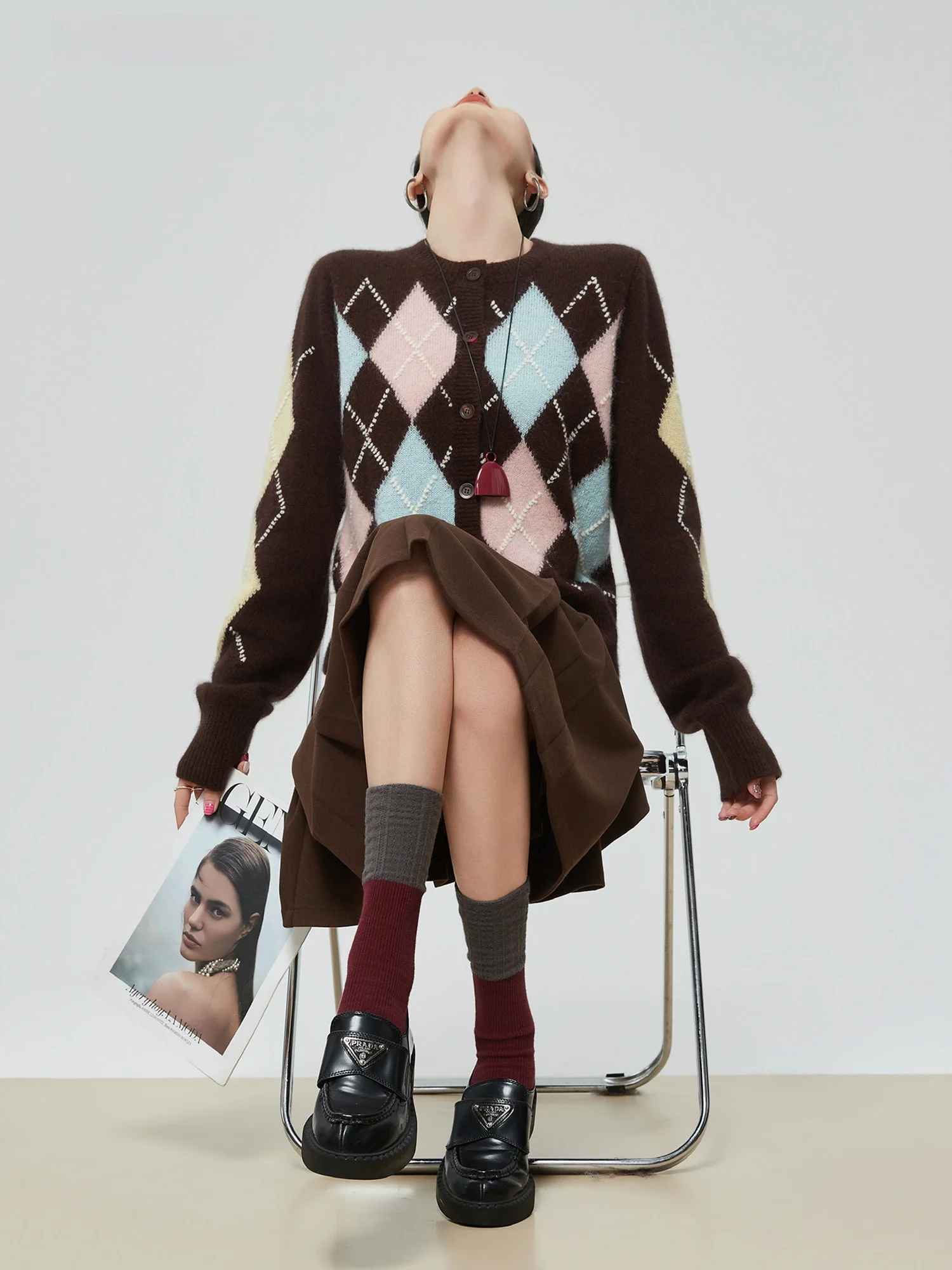 

Женский укороченный кардиган Miu Sle в стиле преппи с цветными блоками, вязаный, приталенный, с ромбовидным узором, длинный рукав