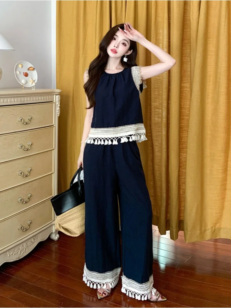 

SMTHMA New Summer Bohemian Splicing Tencel Cowboy Vacation Style Tank Top Two-Piece Set Women's Wide Leg Pants 2 Piece Outfits