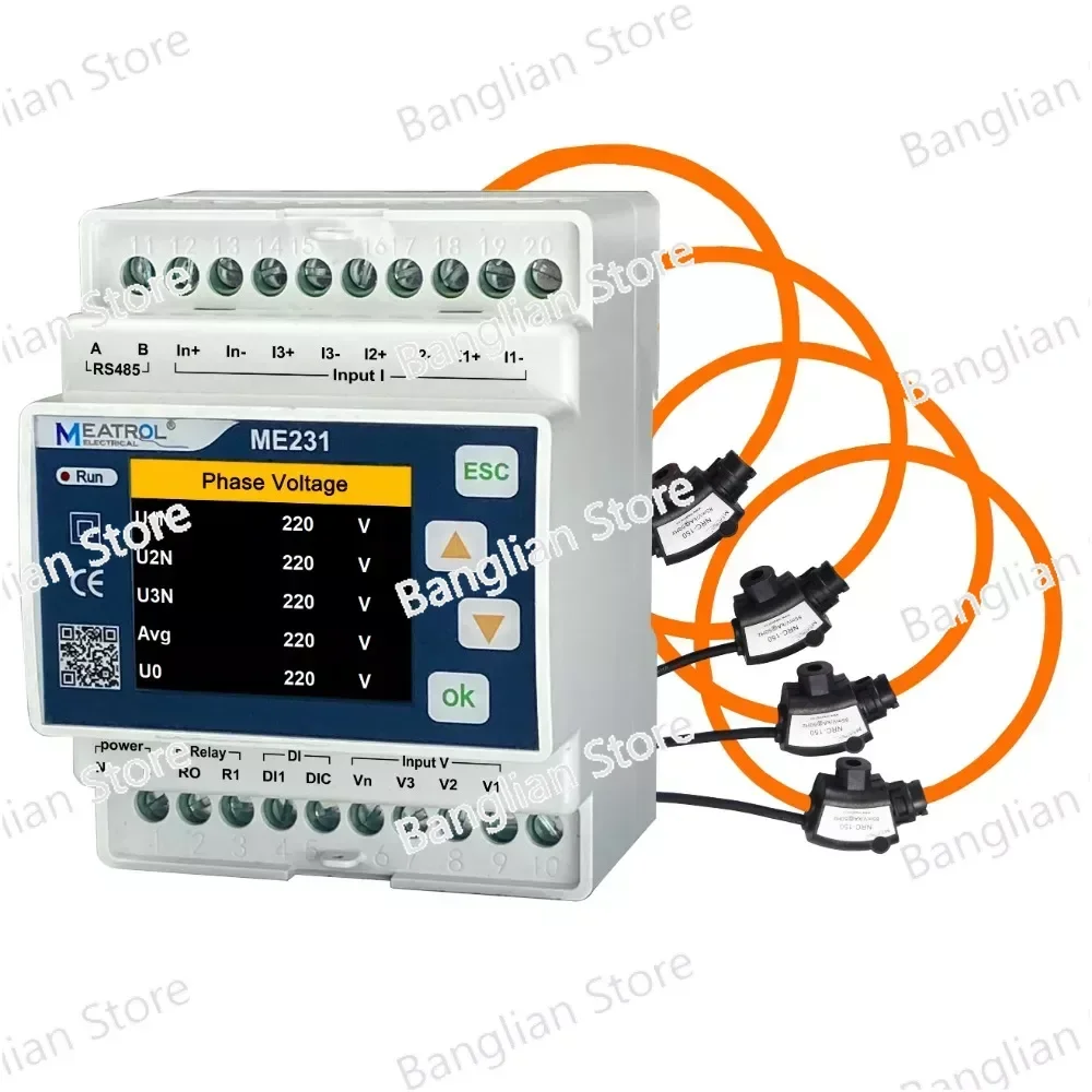 MEATROL 333mV CTs Smart Energy Meter 3 Phase ME231 Din Rail Rogowski Digital Power Analyzer